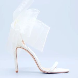 Jimmy Choo White Aveline 100mm crystal and bow embellished heels sandals Size 38